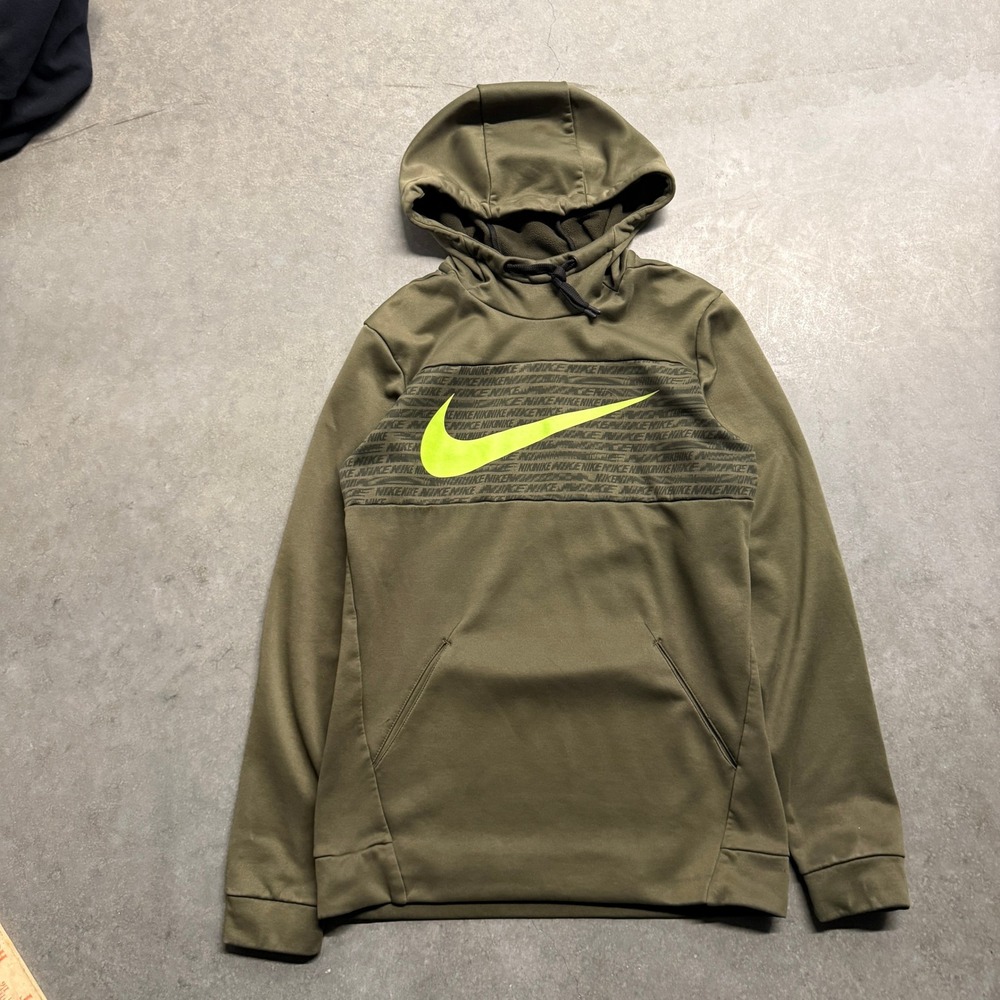 Nike Dri-FIT Mens Hoodie Small Olive Green Lime Swoosh Graphic Pullover 2767